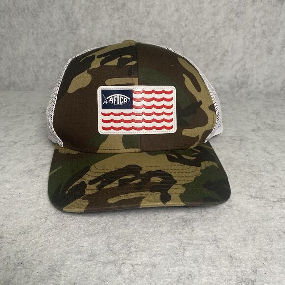 AFTCO Fishing Hat Cap Camo Snapback USA Fish Flag Patch Logo One Size Trucke - Picture 1 of 7